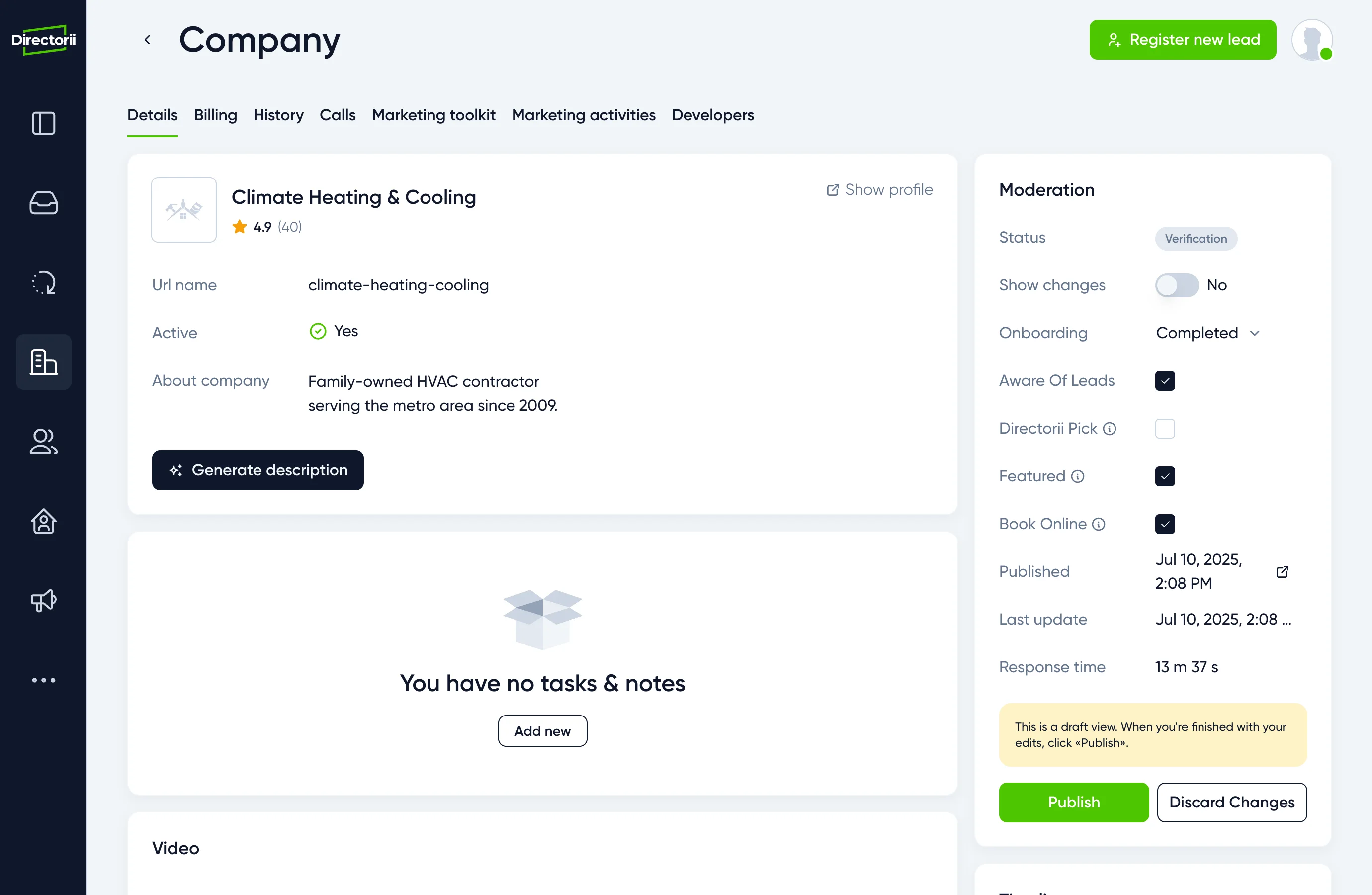 A contractor's company profile in draft, with the moderation panel that gates what goes live