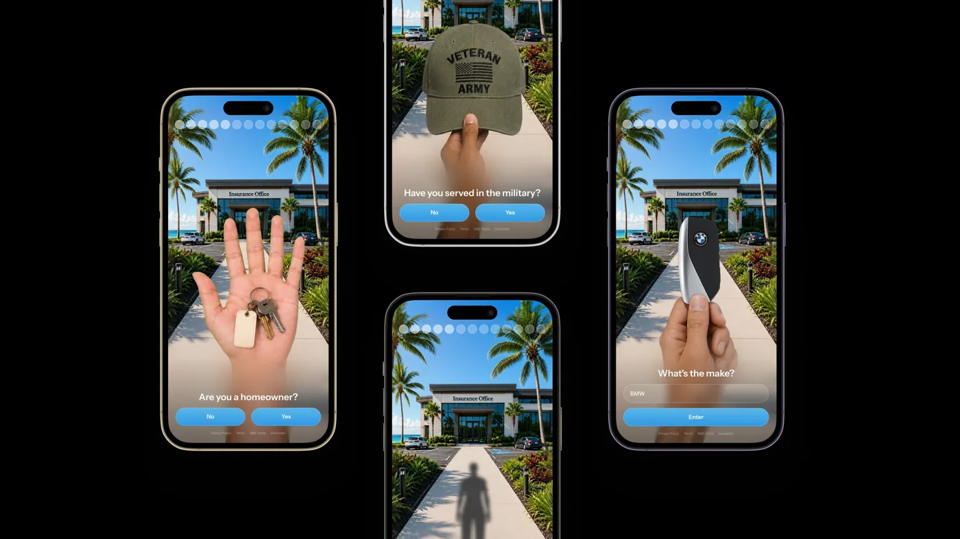 Four steps of the flow on device: the house keys, the veteran cap, the walker's own shadow, and the car key