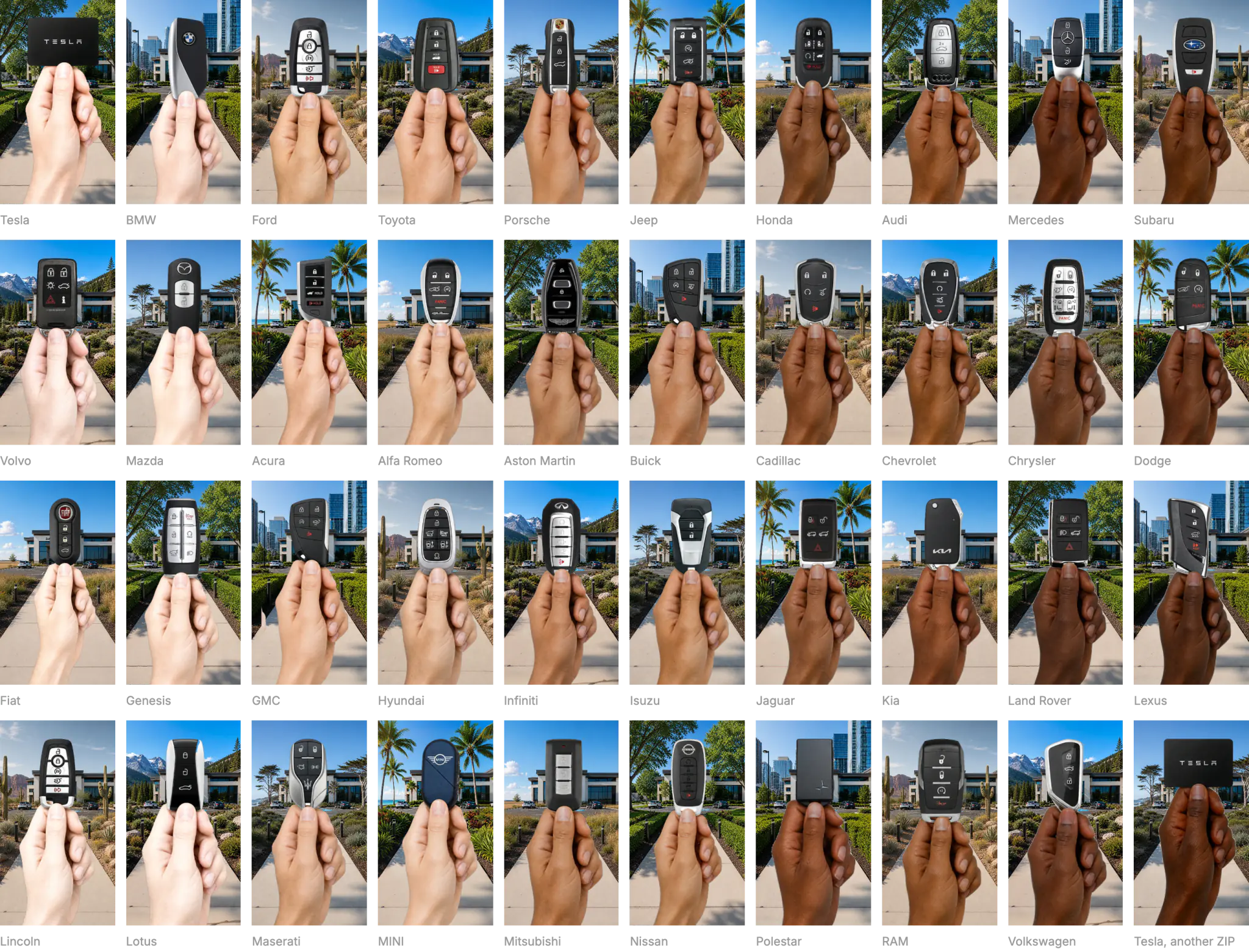 All thirty-nine car brand keys, each held in front of a regional backdrop