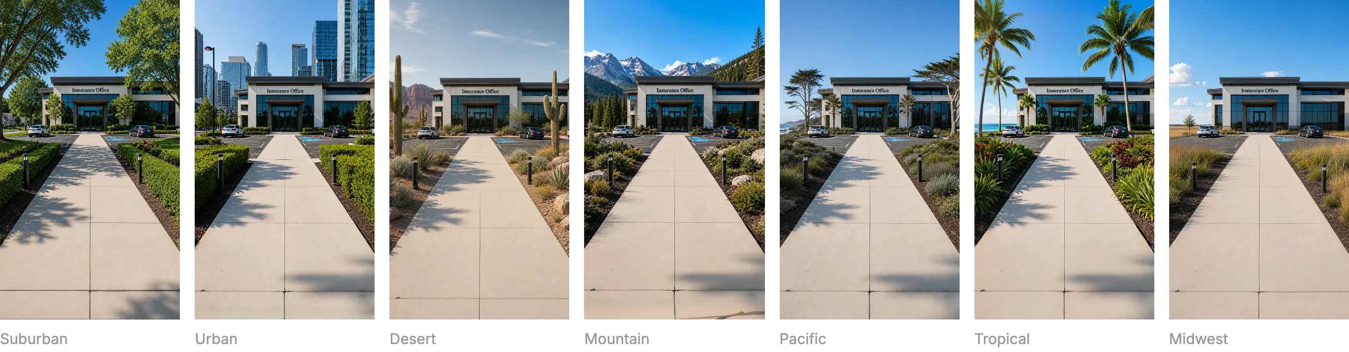 The same office rendered across seven US regions