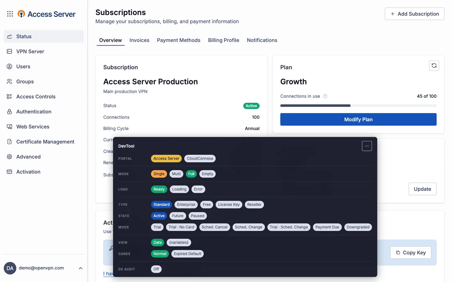 The playground DevTool switching the app between scenarios