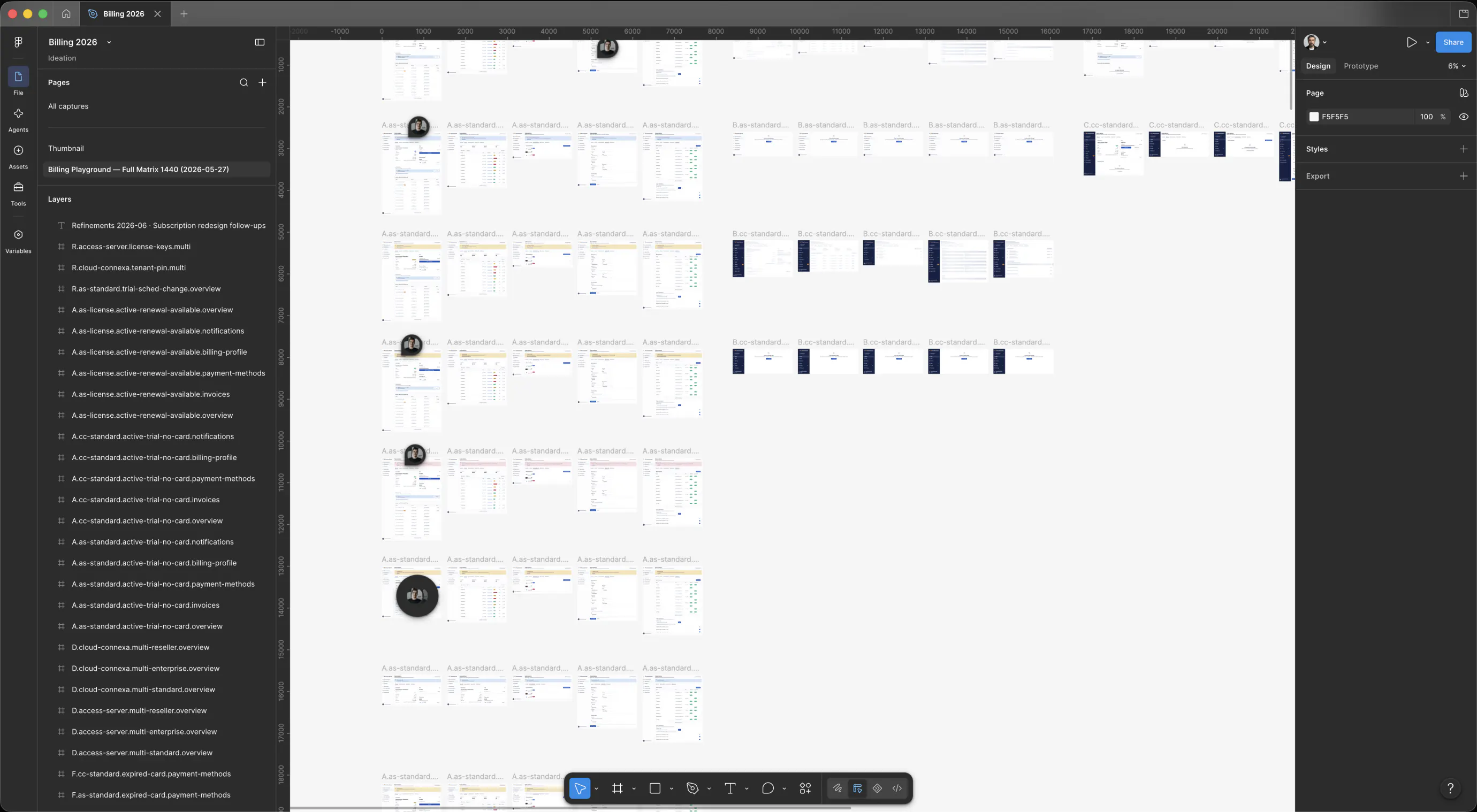 A Figma page holding the captured state matrix of the billing feature
