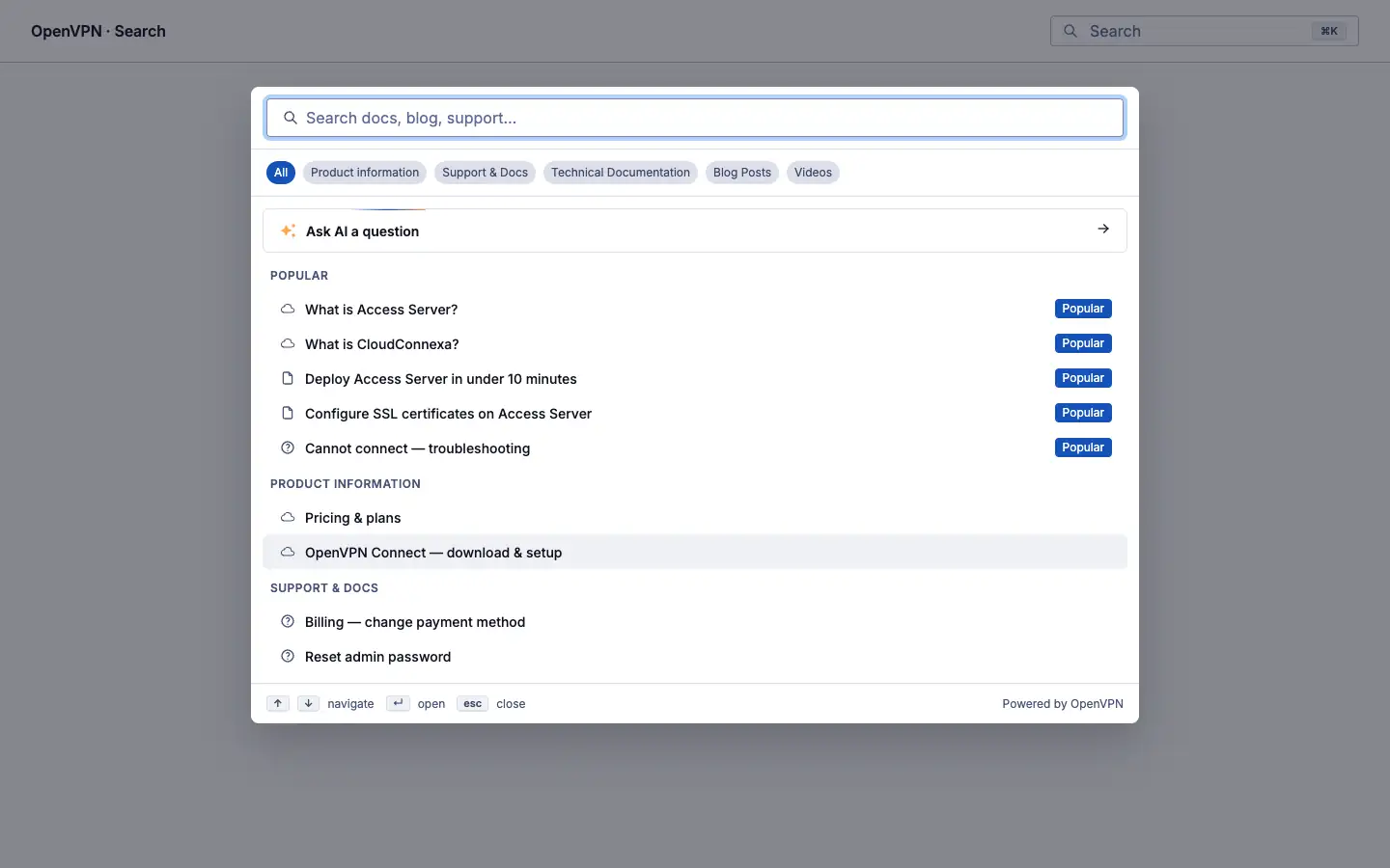 The search palette streaming an AI answer with cited sources