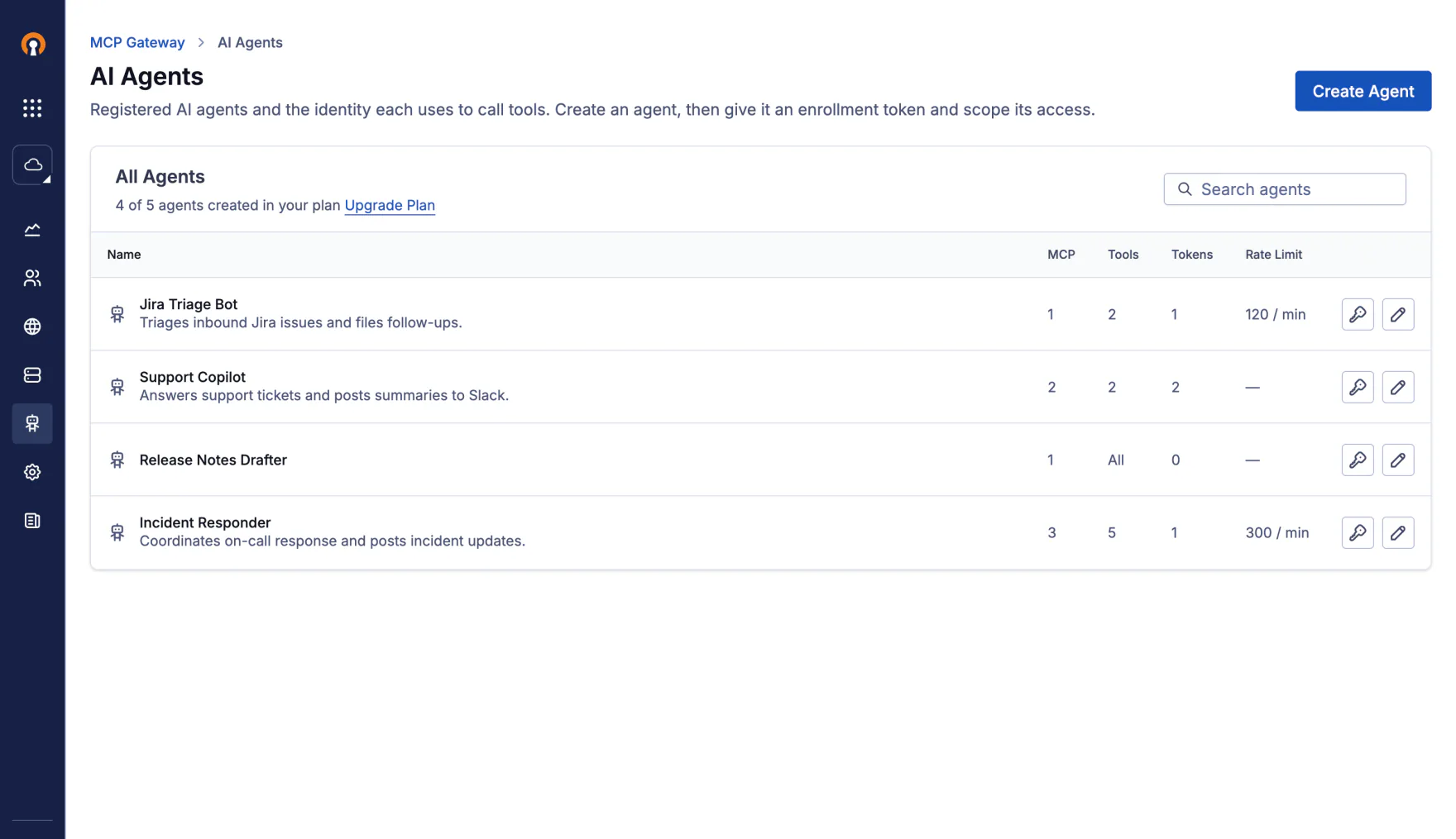 The MCP Gateway agents screen